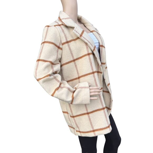 Joie Plaid Check Open-Front Coat, Size M, Notched Lapel Wool Blend Jacket - Picture 3 of 5